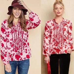 Matilda Jane Miri Pintuck Ruffle Peplum Top Velvet Trim Women XL Valentines Pink